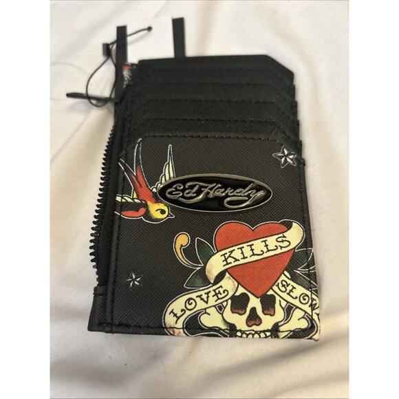 ED HARDY ID CARD CASE Coin Bag W/zipper Tattoo Colorful Love Kills Slow Try - Picture 8 of 10